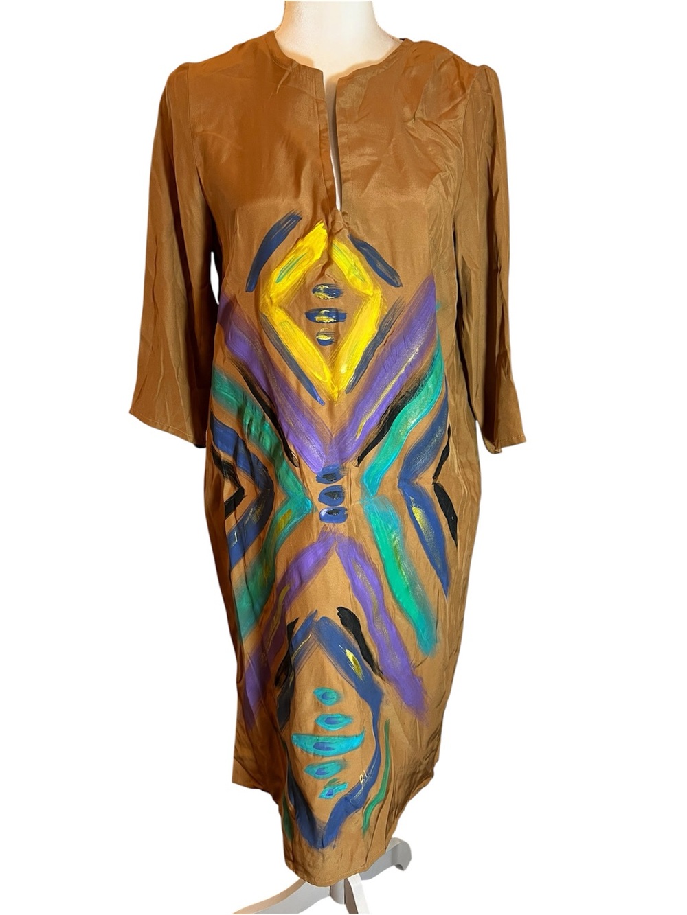 Loup Brown Midi Dress with Hand-Painted Yellow, Purple & Teal Motif